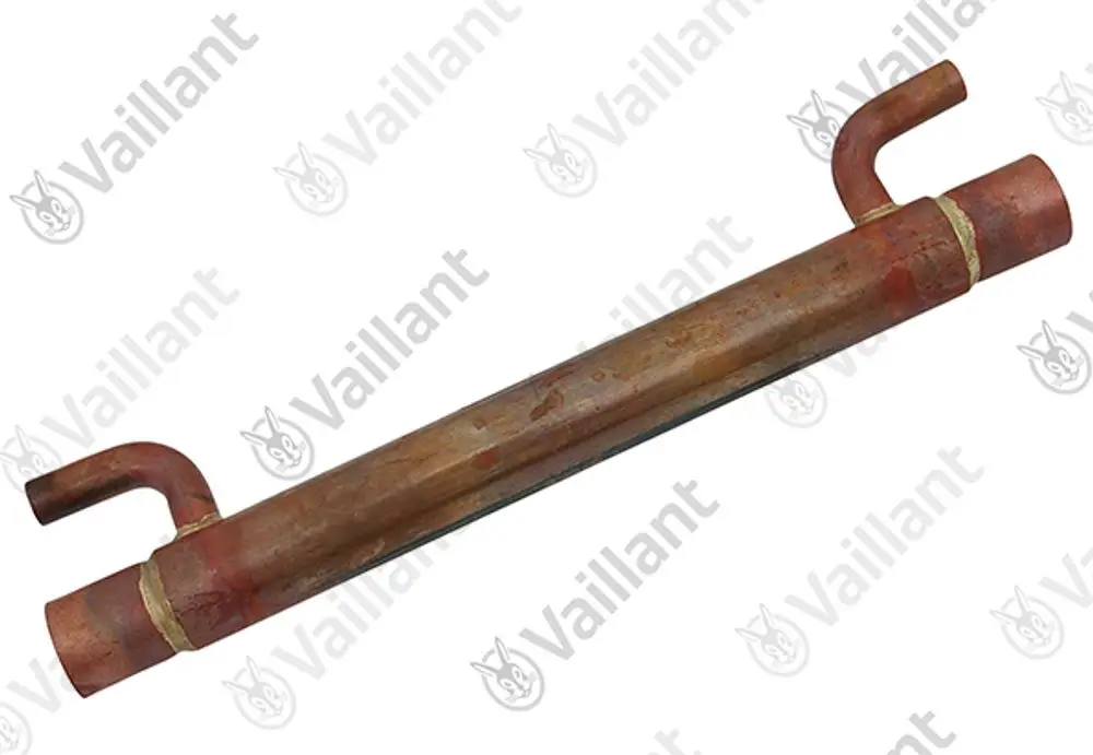 Vaillant Wärmetauscher aus Metallrohr mit zwei gebogenen Anschlüssen, geeignet für Wärmeübertragung in Heizsystemen.